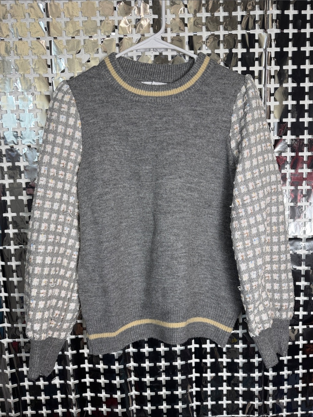 THML Gray Crewneck Sweater with Patterned Cream-Gray Sleeves and Yellow Trim
